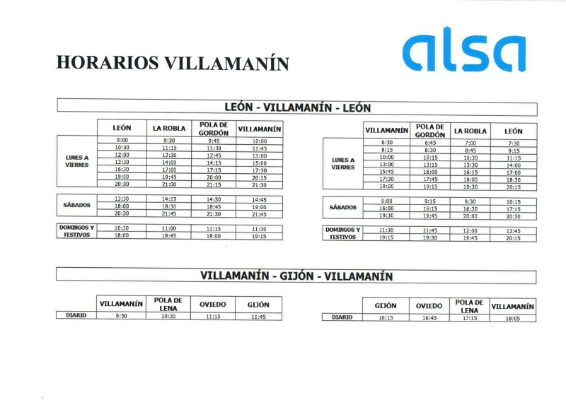HORARIOS ALSA  ACTUALIZADOS  (León-Villamanín-León) (Villamanín-Gijón-Villamanín)